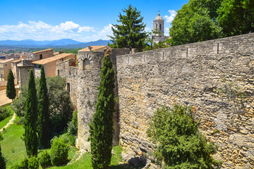 Panoramic aerial view of Girona, defensive walls and cathedral, Catalonia, Spain.