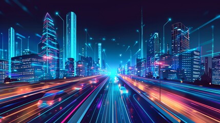 A futuristic city at night with a long highway.