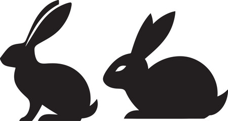 Black silhouettes, cartoon rabbits, bunny illustrations, minimalist design, three rabbits, front and back views, stylized animal shapes, white heart details, long ears, simple geometric forms