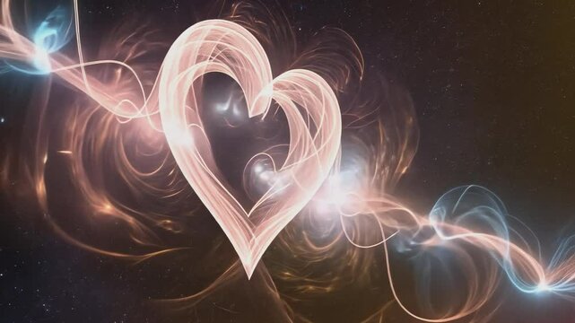 A luminous, ethereal heart shape glows brilliantly, set against a swirling nebula of soft, pastel colors, evoking feelings of love