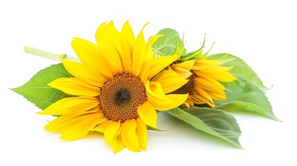 Naklejka premium Two bright yellow sunflowers with green leaves on a white background.