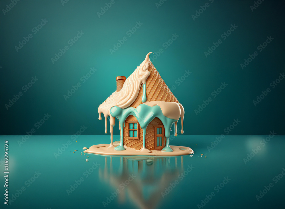 Poster a whimsical gingerbread house, melting in a pool of turquoise icing, sits on a reflective surface ag