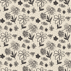 Flowers seamless pattern. Black floral stencil allover background. Marker drawn repeat cover. Surface pattern spring motif on beige bg. Vector hand drawn monochrome illustration.