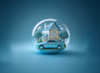 Fototapeta premium A miniature house and car sit inside a transparent sphere against a serene blue backdrop, symbolizing protection and security.
