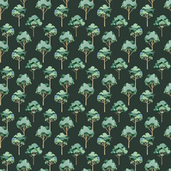 Hand drawn forest seamless pattern element. Painted trees on dark green background. Eucalyptus painted illustration endless pattern design perfect for printing, textile, wrapping paper