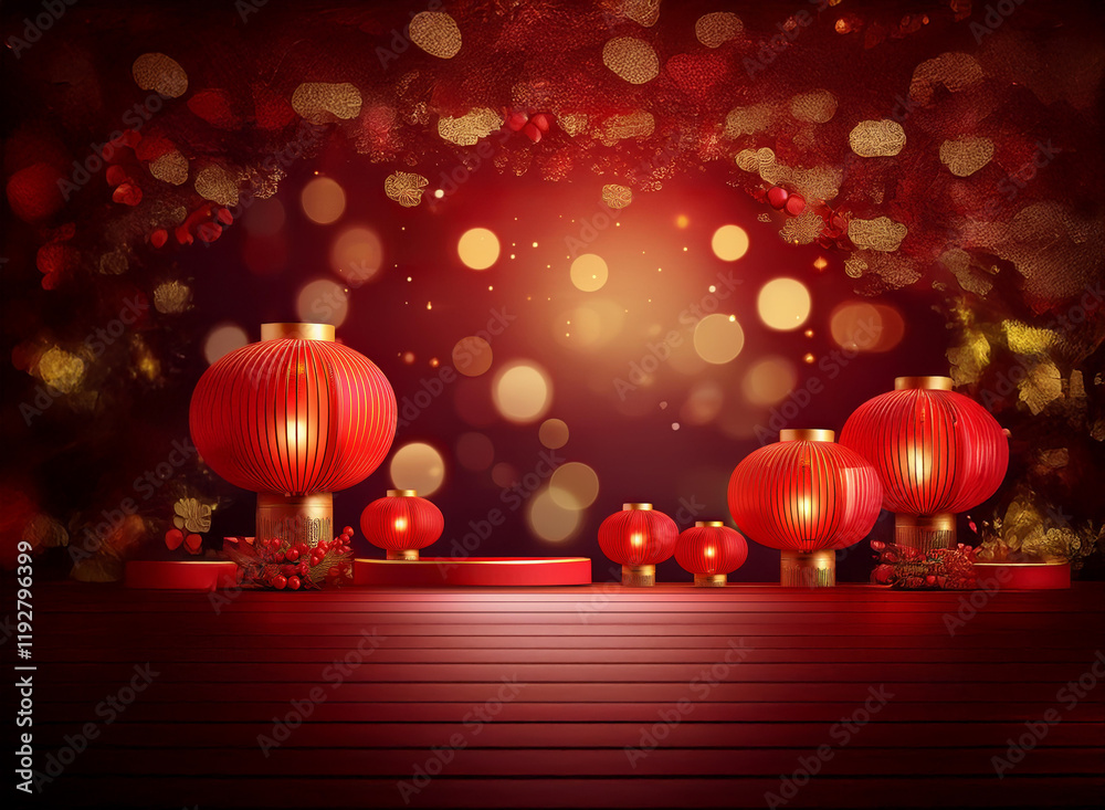 Aufkleber red lanterns illuminate a festive scene. a wooden platform sits center stage, adorned with holiday g
