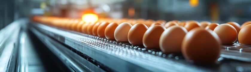Automated Egg Production Line with Fresh Brown Eggs on Conveyor Belt in Modern Industrial Facility