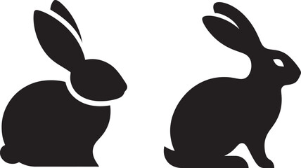 Black silhouettes, cartoon rabbits, bunny illustrations, minimalist design, three rabbits, front and back views, stylized animal shapes, white heart details, long ears, simple geometric forms