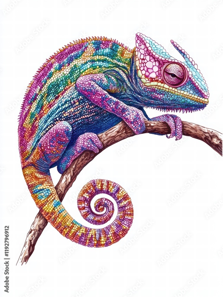 Poster colorful chameleon perched on a branch with detailed scales and vibrant patterns in a natural settin