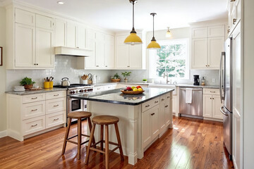 Traditional Kitchen Interior with Off-White Cabinets, Hardwood Floor, Marble Island, and Farmhouse Sink