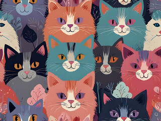 A whimsical illustration of multiple adorable cats in pastel hues, set against a vibrant background of bright pink, soft blue, and creamy white. Accentuated with touches of lavender and pale purple