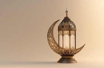 The intricately designed lantern features a crescent moon shape and ornate details, creating a warm and inviting atmosphere perfect for celebrations or decorative purposes