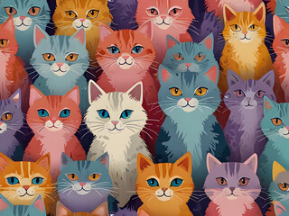 A whimsical illustration of multiple adorable cats in pastel hues, set against a vibrant background of bright pink, soft blue, and creamy white. Accentuated with touches of lavender and pale purple