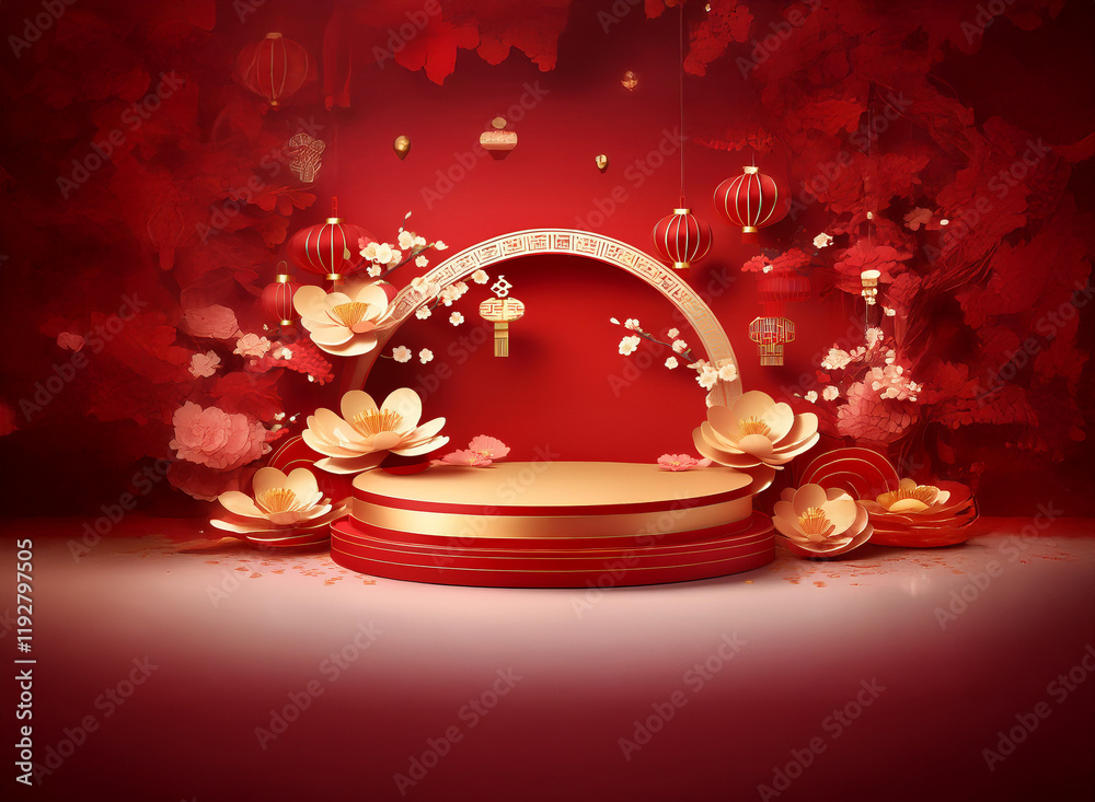 Aufkleber elegant red and gold podium adorned with paper flowers and lanterns, creating a festive and luxuriou