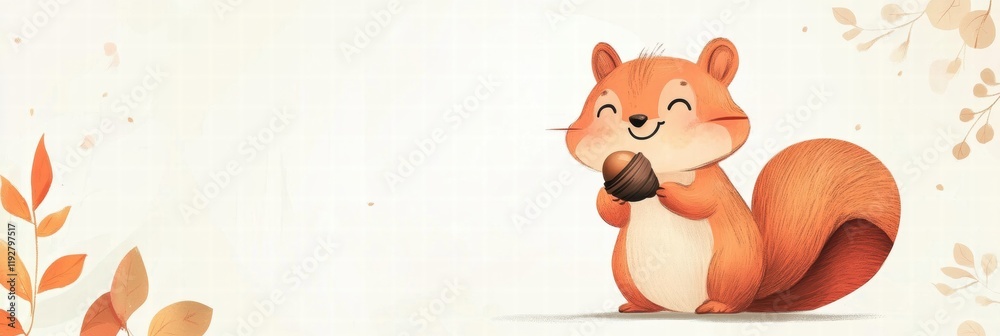 Poster cute cartoon squirrel holding an acorn in a whimsical autumn backdrop with soft colors. generative a