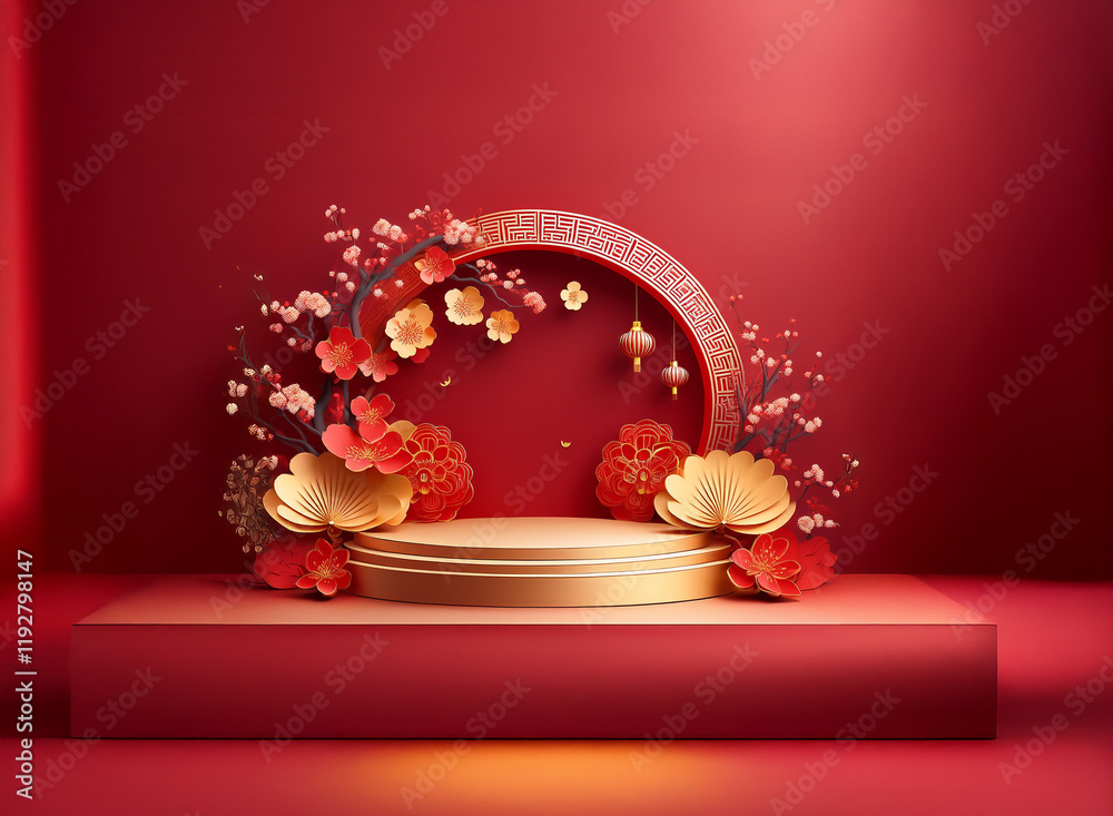Aufkleber elegant gold and red podium adorned with paper flowers and lanterns, set against a rich red backdrop