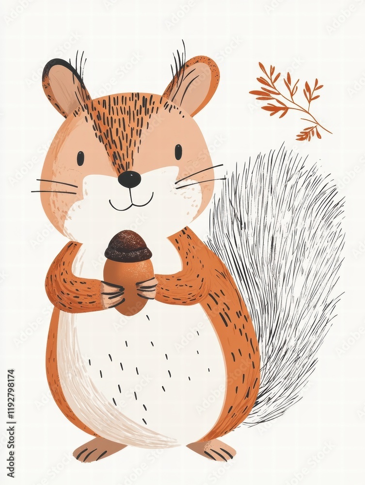Poster Cute squirrel holding an acorn in a joyful autumn setting with delicate leaves surrounding it. Generative AI