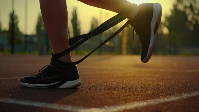 Athletic. Athletic man in sportswear tensely doing exercise with rubber bands on sports field. Steady camera movement active man using expander for leg exercise leads active lifestyle, movement