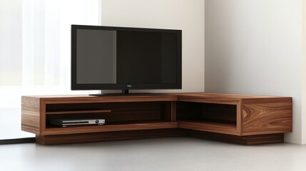 Stylish corner TV stand in a warm brown finish, set in a minimalist living room with empty space for design and decor concepts