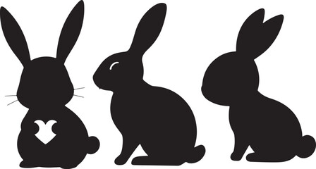 Black silhouettes, cartoon rabbits, bunny illustrations, minimalist design, three rabbits, front and back views, stylized animal shapes, white heart details, long ears, simple geometric forms