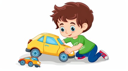 A cartoon illustration of a young boy playing with a toy car.