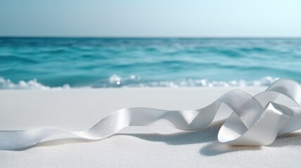 Obraz premium White ribbon on sandy beach with turquoise ocean waves in background