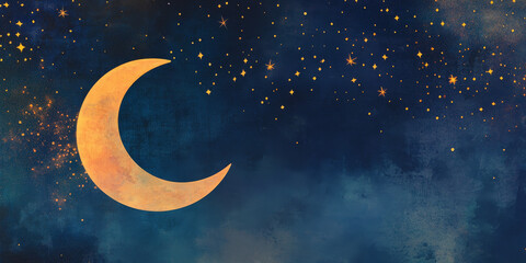 Naklejka premium A peaceful night sky showcases a glowing crescent moon surrounded by twinkling stars. The deep blue background enhances the magical ambiance, creating a serene and enchanting view