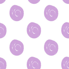 Polka dots purple abstract seamless pattern marker drawn. Circular spots allover background. Round brush blobs repeat cover. Scribble painted elements. Vector surface design festive motif.