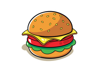 Colorful Cheeseburger Illustration with Lettuce, Tomato, and Cheese
