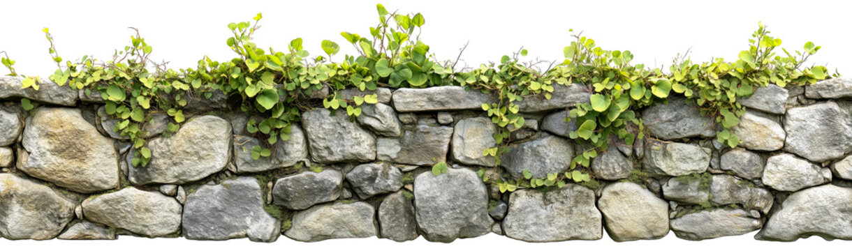 Ancient stone wall with climbing green ivy plants panoramic view on white background