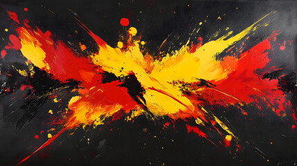 A dynamic abstract design with bold splashes of fiery red and yellow paint, contrasted against deep black accents to convey passion and energy 