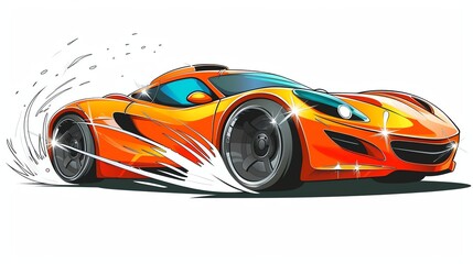 Fototapeta premium A cartoon illustration of an orange sports car driving fast.
