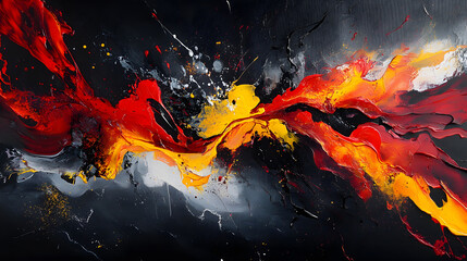 A dynamic abstract design with bold splashes of fiery red and yellow paint, contrasted against deep black accents to convey passion and energy 