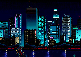 Pixel Art of a city skyline, at night, in a 80s retro style © Rafael