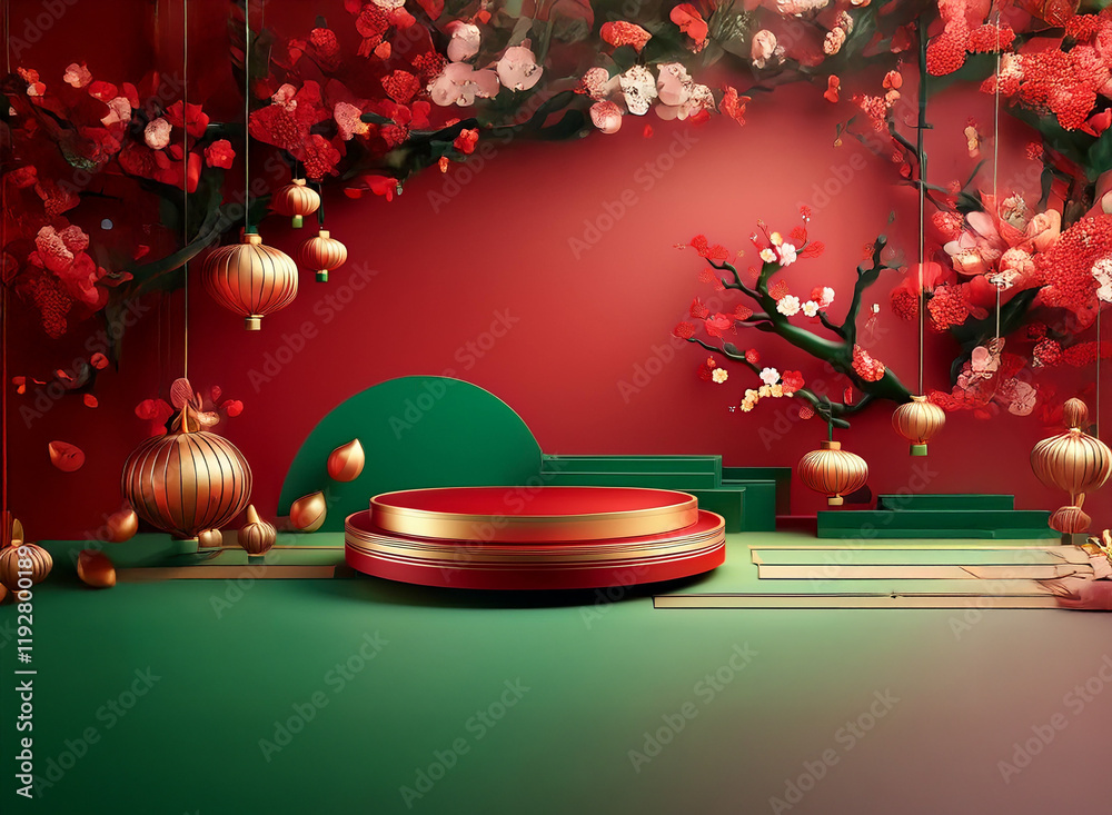 Poster red and gold tiered platform adorned with blossoming branches and hanging lanterns, creating a festi