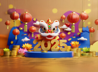 Obraz premium A cute lion dance costume celebrates the new year 2025, surrounded by vibrant lanterns, lotus flowers, and gold coins, creating a festive and auspicious atmosphere.