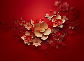 Obraz premium Elegant paper flowers in warm peach and red hues arranged on a rich red background. The design is intricate and features various blossoms and leaves.