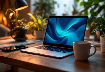 Fototapeta premium Elegant workspace with a laptop, coffee, and greenery during an evening ambient setting for productivity and relaxation. Generative AI