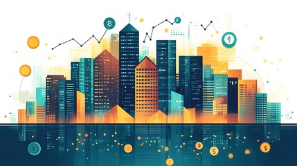 Market trends analysis urban cityscape digital art financial growth aerial view
