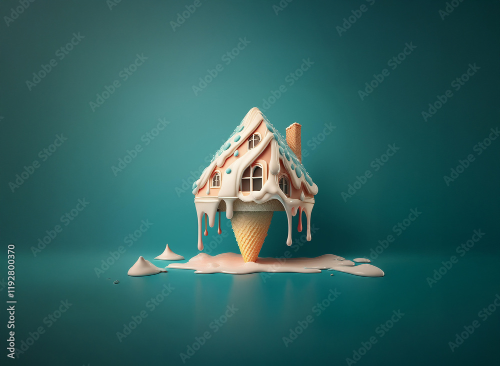 Poster a whimsical ice cream house melts dramatically on a teal background. the sweet treat architecture is