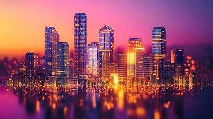 Obraz premium Vibrant city skyline at sunset urban landscape photography aerial view