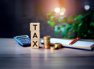 Wooden blocks spelling "TAX" sit on a desk with a calculator, coins, and notebook, suggesting financial planning and tax season.