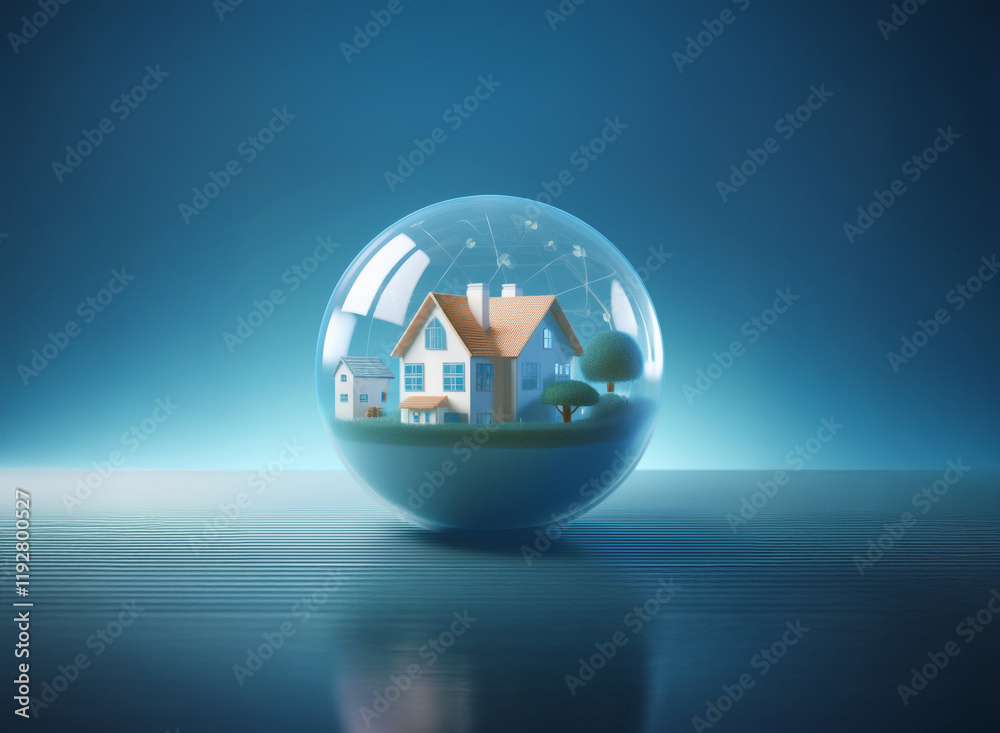 Aufkleber a miniature house and small buildings sit inside a transparent sphere, symbolizing protection and se