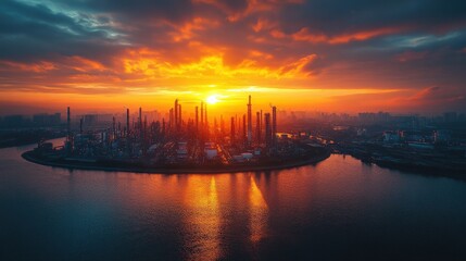 Breathtaking Sunset Over Industrial Skyline Reflecting on River Surface with Dark Clouds and Illuminated Silhouettes of Factory Structures and Towers