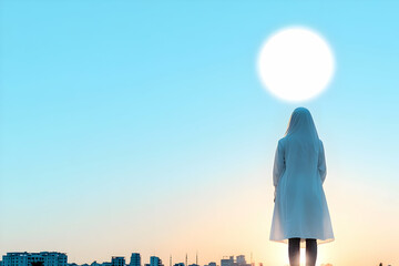 Woman in white coat contemplates sunrise over cityscape, symbolizing hope and new beginnings. Ideal for concepts of future, optimism, spirituality