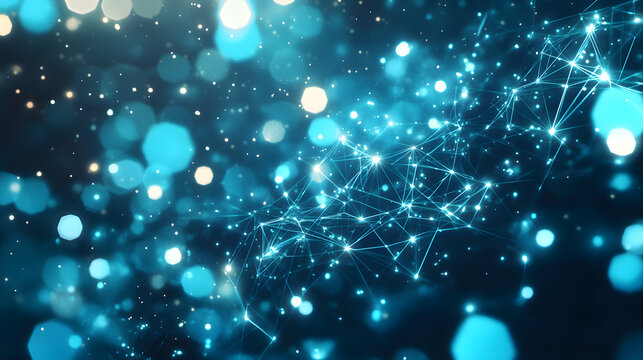 A futuristic abstract image of glowing hexagons in shades of blue and white, connected by luminous lines to form a high-tech pattern 