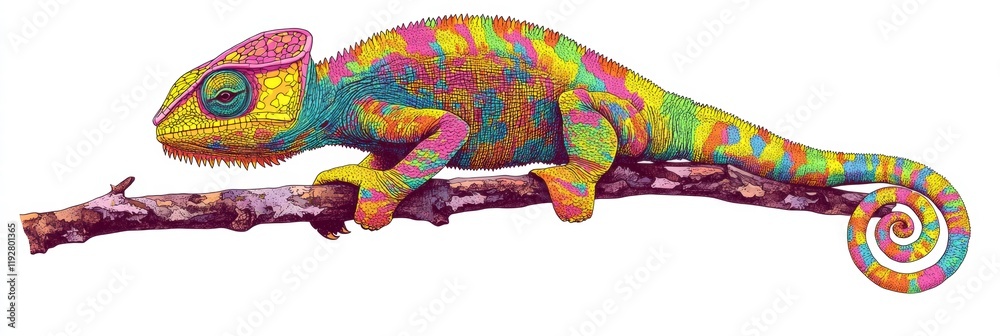 Poster Colorful chameleon blending into a vibrant jungle setting on a branch during midday. Generative AI