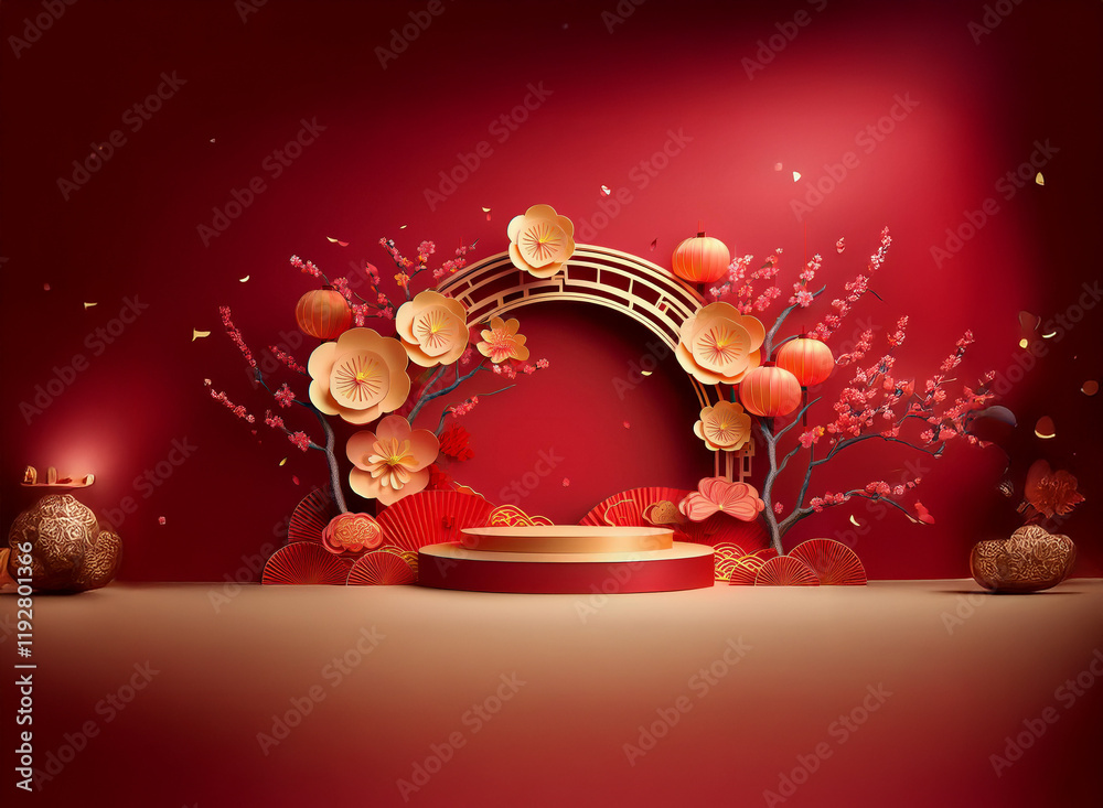 Poster elegant red and gold festive display with a circular podium, adorned with paper flowers and lanterns