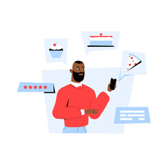 Male Customer Reviewing Pizza And Cupcake With Five Star Rating. Flat Vector Illustration Symbolizing Restaurant Feedback, Food Review, And Dining Satisfaction, Isolated On White Background