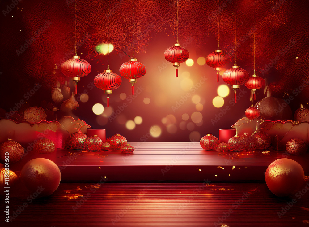 Poster a festive scene with red lanterns, globes, and bokeh lights, set against a dark red background. a wo